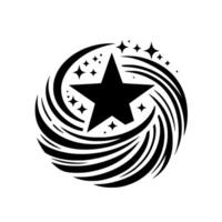 A bold black star, centered and surrounded by swirling, stylized lines and smaller stars, creating a dynamic emblem. vector