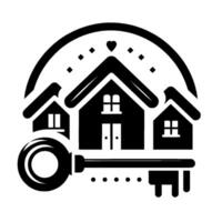 Black and white minimalist emblem of three houses under a hearttopped arch with a large key representing home ownership and security. vector