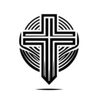Bold Black and White Abstract Christian Cross within a Circle, Minimalist Religious Symbol, Art. vector