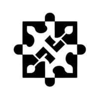 A symmetrical black and white puzzle piece , featuring interconnected geometric shapes and leaflike elements on a white background. vector