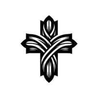 Intricate Black and White Cross with Elegant, Flowing, Intertwined Line , Symbolizing Faith and Spirituality on White Background. vector