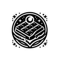 A celestial, minimalist illustration of a chocolate bar within a circular frame, adorned with stars and a crescent moon. vector