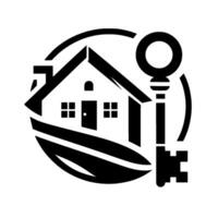 Black and white of a house, key, and leaf inside a circle, representing home ownership and real estate. vector