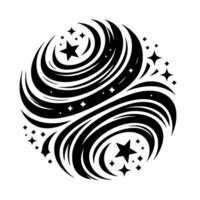 Black and white abstract illustration of a swirling vortex with stars in a circular composition, evoking celestial themes. vector