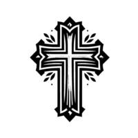 Ornate Black and White Christian Cross with Geometric Patterns, Leaf Accents, and a Modern Aesthetic on a Clean White Backdrop. vector