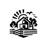 Black and white minimalist depicting a home with trees, fence, and a sun setting, evoking a sense of peace and nature. vector