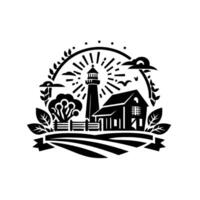 Stylized black and white illustration depicting a lighthouse, house, fields, tree, clouds, and birds, surrounded by a decorative arch and banner. vector