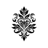 Intricate black and white symmetrical damask floral with leaves, scrolls, and dots on a plain white background, evoking elegance and classic motifs. vector