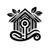 Abstract Black and White House with Key and Leaves, Symbolizing Home, Security, and Natures Harmony. vector