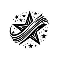 Black and White Starburst An abstract illustration of a stylized star interwoven with swirling stripes and surrounded by smaller stars and dots, creating a dynamic visual. vector