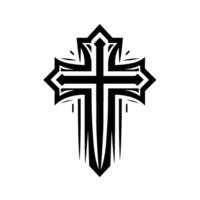 Black and white, stylized, symmetrical cross with decorative elements, set against a stark white background. vector