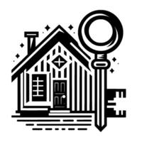 Stylized, geometric black and white illustration of a house with a large key, symbolizing homeownership and security, with star accents. vector
