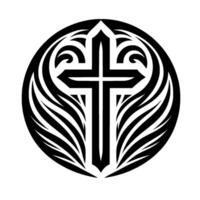 Black and white ornate cross emblem within a circular frame, featuring stylized wings and intricate patterns, set against a white background. vector