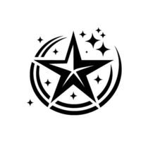 Black and White Star with a FivePointed Star inside a Circular , Surrounded by Sparkling Stars, Against a White Backdrop. vector