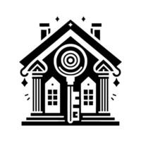 Conceptual black and white stylized illustration of a house with a key in the middle, symbolizing home ownership and security. vector