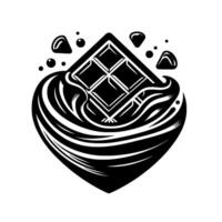 Abstract black and white illustration a stylized chocolate bar melting into dark swirls with cocoa drops, on white. vector