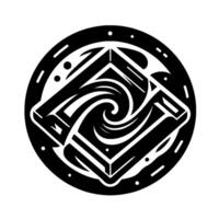 Intricate black and white illustration showcasing a stylized spiral vortex within a geometric square , framed in a circular pattern. vector