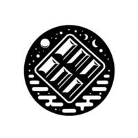 A minimalist chocolate bar, framed by a celestial black circle, with stars, moons, and stylized clouds, showcasing geometric shapes and monochromatic art. vector