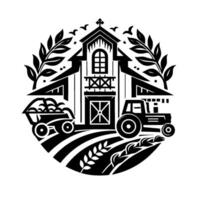 Monochrome farm illustration a barn, tractor, and a harvest cart surrounded by foliage, enclosed in a circular frame. vector