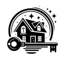 Symbolic Black White Illustration Home Silhouette above a Key, Surrounded by a Circle, Sparkles, Representing Real Estate. vector