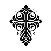 Intricate Black and White Ornamental Cross with Flourishes, Leaves, and Scrolling Elements on a White Background. vector