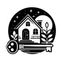 Whimsical, minimalist blackandwhite illustration of a house with a key and foliage under a starry night sky, evoking home and security. vector