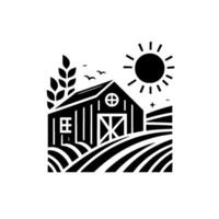 Black and white minimalist illustration of a barn in a field with sun, birds, and wheat, capturing a rural scene. vector
