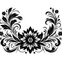Symmetrical floral pattern in black and white, with stylized flowers, leaves, swirls, and dots arranged in an elegant semicircular composition. vector