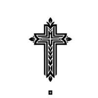 Intricately designed black and white Christian cross featuring geometric patterns, stylized leaves, and minimalist composition. vector