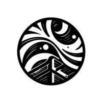Abstract Yin Yang in Circular Frame Geometric Black, White Composition with Swirls, Spheres, and Architectural Shapes. vector