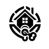 Black and White Real Estate Depicting a House, Key, and Circular Element, Representing Home Security and Ownership. vector
