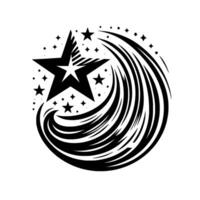 Black and white stylized shooting star with a bold star cluster , dynamic swirling trails, and artistic flair. vector