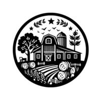 Black and White Circular Farm Scene Depicting a Barn, Silo, Fields, Tractor, and Decorative Elements. vector