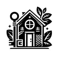 Black and White Illustration of a House and Key, Embellished with Leaves and Stars, Symbolizing Home and Security. vector