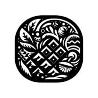 Intricate black and white cutout of a pineapple with floral and botanical elements within a rounded rectangular frame. vector