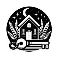 Symbolic Black White Illustration of a Home, Key, Crescent Moon, Stars, Foliage Within a Circular Frame, Evoking Security Dreams. vector