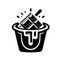 A stylized black and white illustration of a chocolate bar dipped into a paint bucket, with shiny highlights and dripping paint. vector