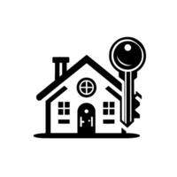 Black and white minimalist of a house with a key, representing home ownership, real estate, and security. vector
