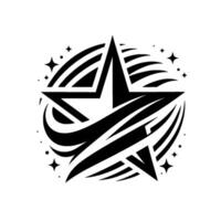 Bold Black Star Emblem with Circular Swirls and Starbursts on White Background, Abstract . vector