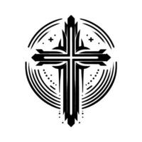 Stylized Black Christian Cross within Circular Frame, Minimalist on White Background, Religious Symbol vector