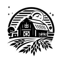 Black and white illustration depicting a rural farm scene with a barn, wheat field, and stylized sunrise within a circular frame, with minimalist details. vector
