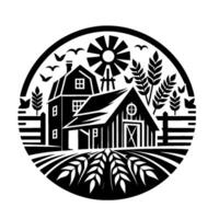 Stylized Black and White Farm Scene in Circular Composition Featuring Barns, Windmill, Field, Wheat, and Birds. vector