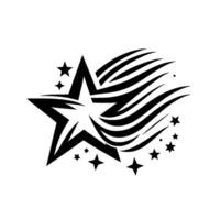 Black and white starburst with a central fivepointed star and a flowing, curved trail, surrounded by smaller stars. vector