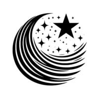 Black and white emblem with a large star, smaller stars in a constellation, and a swooping crescentlike shape. vector