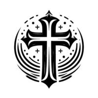 Intricate Gothicstyle black cross emblem encircled within a decorative frame of dotted accents and stylized lines, minimalist and symbolic. vector