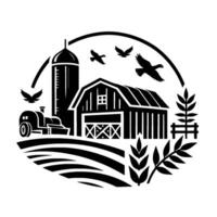 Circular blackandwhite farm illustration featuring silo, barn, tractor, fields, birds, and wheat, creating a rural scene. vector