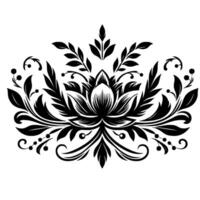 Symmetrical black and white floral illustration showcasing a stylized lotus flower surrounded by intricate leaf and curl patterns, set against a pure white backdrop, creating an elegant, balanced desi vector