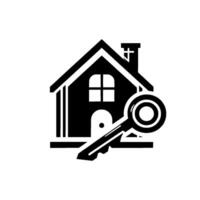 Minimalist black and white of a house with key, representing home ownership and real estate, against a white background. vector