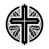 Intricate black cross within a circular frame, stylized with leaf and line patterns on a stark white background. vector