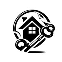 Stylized Home and Key Emblem in Black and White Depicting property, security, ownership within a circular frame, with minimalist . vector